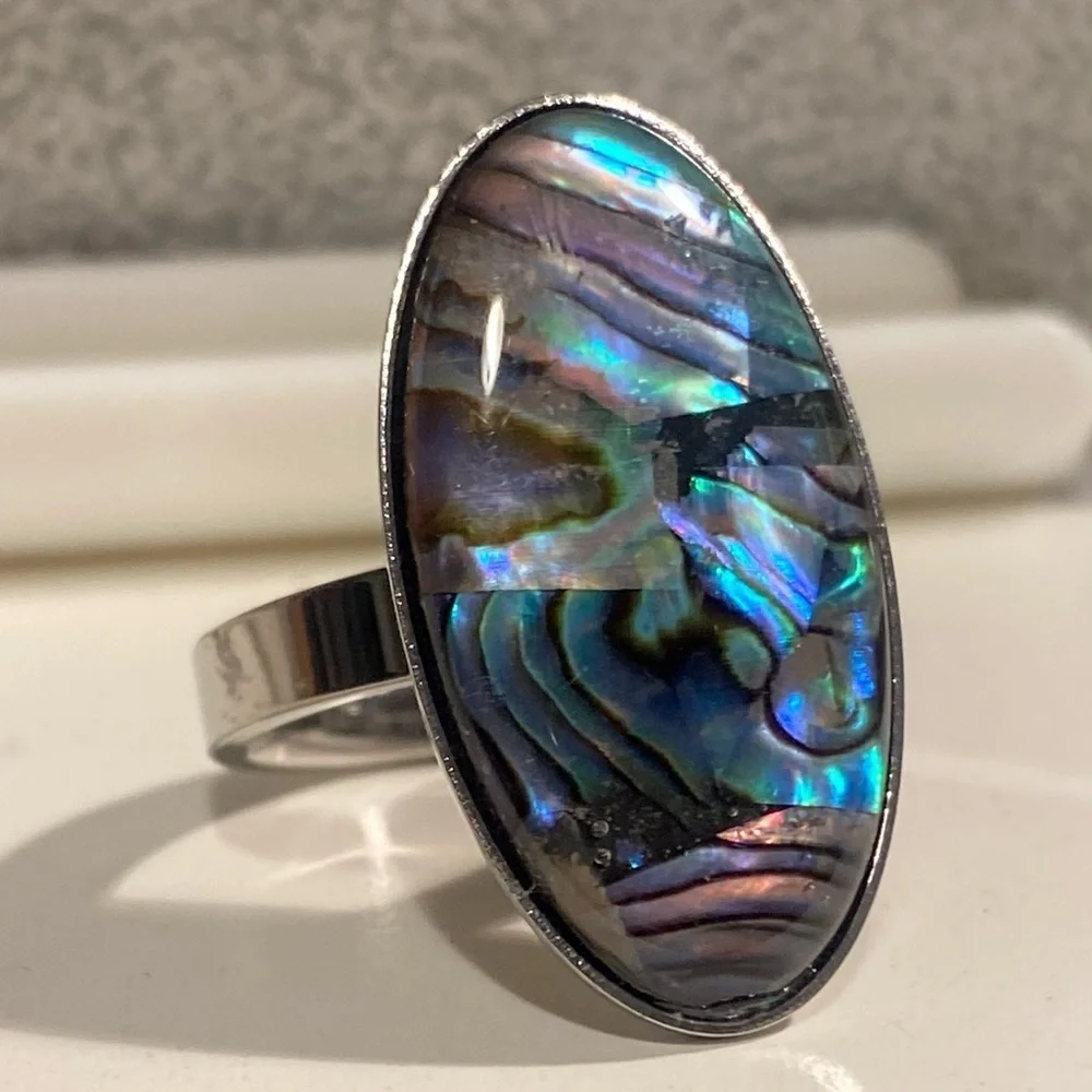 NEW Oversized Abalone Statement Ring Silver Boho Iridescent Shell Jewelry GIFT 8